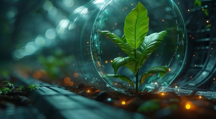 Planta protegida simbolizando tecnologia de IA responsável e sustentável